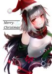  1girl antennae arknights black_skirt blush bow christmas demon_horns fur-trimmed_headwear green_ribbon grey_hair hat highres horns looking_at_viewer merry_christmas parted_lips plaid plaid_scarf pom_pom_(clothes) red_bow red_headwear red_scarf ribbon roki@ santa_hat scarf shirt short_hair simple_background sketch skirt sleeveless sleeveless_shirt smile snowflakes solo w_(arknights) white_background white_shirt 