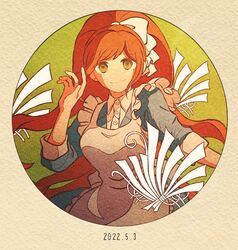  1girl apron bangs blue_dress bow breasts closed_mouth danganronpa_(series) danganronpa_3_(anime) dated dress dress_shirt eyebrows_visible_through_hair green_eyes grey_background hair_bow hand_up highres kiri_(2htkz) large_breasts long_hair orange_background orange_hair ponytail shirt smile solo white_bow white_shirt yukizome_chisa 