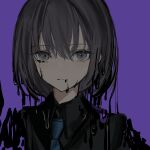  1girl black_shirt blue_necktie bob_cut closed_mouth collared_shirt grey_eyes grey_hair highres looking_at_viewer narue necktie original purple_background shirt simple_background slime_(substance) solo wing_collar 
