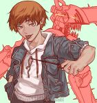  1boy absurdres alternate_costume artist_name atorouxx black_pants blonde_hair chainsaw chainsaw_devil chainsaw_man denji_(chainsaw_man) hands_in_pockets highres jacket looking_at_viewer pants pulling red_eyes simple_background solo_focus tongue tongue_out white_jacket 