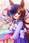  1girl :d blush bow bowler_hat brown_hair character_doll commentary crane_game flipped_hair hair_over_one_eye hand_on_glass happy haru_urara_(umamusume) hat highres horse_girl long_hair long_sleeves looking_at_viewer mihono_bourbon_(umamusume) open_mouth purple_headwear purple_sailor_collar purple_shirt purple_skirt rice_shower_(umamusume) ritaso sailor_collar school_uniform shirt skirt smile solo tail tail_through_clothes tracen_school_uniform twisted_torso umamusume violet_eyes white_bow winter_uniform 