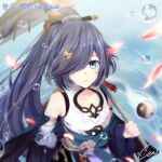  1girl bangs bare_shoulders black_hair blue_eyes cen_(cenll) china_dress chinese_clothes dress fu_hua fu_hua_(azure_empyrea) hair_ornament hair_over_one_eye holding holding_umbrella honkai_(series) honkai_impact_3rd long_hair long_sleeves looking_at_viewer oil-paper_umbrella petals ponytail smile solo umbrella water white_dress yin_yang 