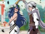  blue_hair blush breasts cape dancing dress fire_emblem fire_emblem_awakening fire_emblem_heroes flower hair_flower hair_ornament jewelry leaves_in_wind long_hair lucina_(fire_emblem) mnejing30 popped_collar purple_flower ring robin_(fire_emblem) robin_(fire_emblem)_(male) side_slit sleeveless sleeveless_dress small_breasts smile white_flower white_hair 
