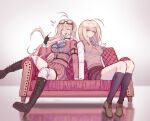  2girls absurdres ahoge akamatsu_kaede artist_name bangs black_choker black_gloves black_legwear blue_bow blue_bowtie boots bow bowtie breasts brown_footwear c01a_(cola) choker closed_eyes couch danganronpa_(series) danganronpa_v3:_killing_harmony fingerless_gloves gloves hair_ornament highres iruma_miu knee_boots kneehighs large_breasts miniskirt multiple_girls musical_note_hair_ornament o-ring pink_eyes pink_shirt pink_skirt pink_vest pleated_skirt sailor_collar shiny shiny_hair shirt shoes sitting skirt smile vest white_sailor_collar white_shirt 