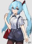  1girl blue_eyes blue_hair blue_nails brown_legwear closed_mouth collared_shirt cowboy_shot dated dress_shirt fingernails grey_background grey_shorts hair_between_eyes hand_up hatsune_miku highres looking_at_viewer nail_polish pantyhose shirt short_shorts short_sleeves shorts simple_background smile solo standing suspender_shorts suspenders thighband_pantyhose twintails vergil_mon vocaloid white_shirt wing_collar 