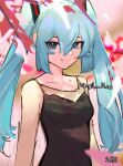  1girl bare_shoulders black_dress blue_eyes blue_hair breasts cherry_blossoms closed_mouth dated dress hair_between_eyes hatsune_miku long_hair looking_at_viewer small_breasts smile solo twintails vergil_mon vocaloid 