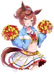  animal_ears belt blush breasts brown_eyes cheerleader commentary_request highres horse_ears horse_girl horse_tail jacket looking_at_viewer medium_hair midriff nice_nature_(run&amp;win)_(umamusume) nice_nature_(umamusume) open_mouth pom_pom_(cheerleading) redhead simple_background tail umamusume white_background yuanagae 