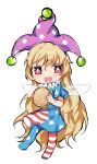  1girl american_flag_dress american_flag_legwear blonde_hair burger chibi clownpiece collar commeowdore food hat highres holding holding_food jester_cap long_hair open_mouth simple_background touhou wings 