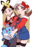  1boy 1girl :o backwards_hat bangs baseball_cap blue_overalls blush_stickers border bow brown_background brown_eyes brown_hair cabbie_hat commentary_request ethan_(pokemon) eyelashes grey_pants hand_on_own_chin hand_up hat hat_bow highres holding holding_pokemon jacket long_hair lyra_(pokemon) marill momotose_(hzuu_xh4) on_head overalls pants pichu pokemon pokemon_(creature) pokemon_(game) pokemon_hgss pokemon_on_head red_bow red_shirt shirt stroking_own_chin thigh-highs twintails twitter_username white_border white_headwear white_legwear 