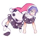  1girl all_fours black_dress blue_hair closed_mouth commeowdore doremy_sweet dress fighting_stance hat short_hair short_sleeves simple_background smile tail touhou white_footwear 