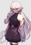  1girl absurdres ahoge bangs belt black_dress black_legwear breasts dress fate/grand_order fate_(series) glasses grey_hair highres jacket jeanne_d&#039;arc_alter_(fate) large_breasts long_hair long_sleeves looking_at_viewer nakanishi_tatsuya off_shoulder open_clothes open_jacket smile solo thigh-highs thighs very_long_hair white_jacket yellow_eyes zipper 