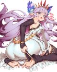 1girl :d absurdres armpits ass bare_shoulders barefoot belly_chain black_legwear blue_eyes crystal detached_sleeves dress english_text feet gem granblue_fantasy highres jewelry light_purple_hair lily_(granblue_fantasy) long_hair long_pointy_ears looking_back penguru_086 pointy_ears simple_background sitting smile soles solo strapless strapless_dress thigh-highs tiara toeless_legwear toes very_long_hair wariza white_background