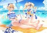  2girls :d absurdres bangs barbara_(genshin_impact) bare_legs bare_shoulders barefoot beach_towel beach_umbrella blonde_hair blue_bow blue_choker blue_eyes blue_footwear blue_sailor_collar blue_sky bow breasts choker clouds crab day detached_sleeves flower genshin_impact hair_between_eyes hair_bow hair_flower hair_ornament hat highres jean_(genshin_impact) kneeling long_hair looking_at_viewer medium_breasts medium_hair multiple_girls ocean outdoors ponytail sailor_collar sand_castle sand_sculpture sandals sandals_removed short_shorts shorts siblings sisters sitting sky smile thighs towel twintails uep umbrella water white_flower white_shorts yellow_bow 