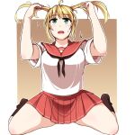  1girl ahoge arms_up blonde_hair border breasts brown_background brown_legwear commentary_request dot_nose eyebrows_visible_through_hair gradient gradient_background open_mouth original pleated_skirt red_skirt sidelocks skirt solo sumi_(okiraku-tei) tareme thick_thighs thighs twintails white_border 