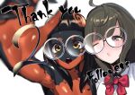  2girls absurdres bangs black_hair black_skin blunt_bangs blush bow bowtie brown_eyes brown_hair closed_mouth colored_skin commentary_request highres iro-chan koiso_usu long_hair looking_at_viewer milestone_celebration monster_girl multicolored_skin multiple_girls o3o one_eye_closed open_mouth orange_skin original red_bow red_bowtie shirt simple_background two-tone_skin upper_body violet_eyes white_background white_shirt 