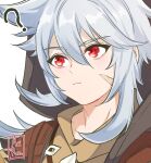  1boy ? aoirnn closed_mouth face genshin_impact grey_hair hair_between_eyes highres hood hood_up jewelry long_hair male_focus necklace razor_(genshin_impact) red_eyes scar scar_on_cheek scar_on_face signature solo upper_body 