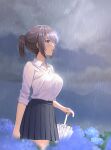  1girl blue_eyes blue_skirt brown_hair clouds cloudy_sky cowboy_shot field flower flower_field highres hydrangea koizumi_amane looking_afar original outdoors pleated_skirt ponytail rain see-through shirt skirt sky sleeves_rolled_up solo standing umbrella wet wet_clothes wet_shirt white_shirt 