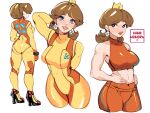  1girl abs arm_over_shoulder arm_up bangs blue_eyes breasts brown_hair character_sheet closed_mouth cosplay crop_top crown earrings flower_earrings hands_on_hips high_heels highres hip_focus jewelry kamira_naito large_breasts lipstick looking_at_viewer looking_away makeup medium_hair metroid metroid_suit open_mouth pantyhose parted_hair ponytail princess_daisy samus_aran samus_aran_(cosplay) simple_background smile super_mario_bros. super_mario_land super_smash_bros. thighs white_background wii_fit_trainer wii_fit_trainer_(female) wii_fit_trainer_(female)_(cosplay) 