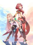  2girls ass bangs bare_legs bare_shoulders black_legwear blonde_hair breasts chest_jewel clothing_cutout commentary_request dress earrings elbow_gloves gem gloves headpiece highres jewelry large_breasts long_hair looking_at_viewer mirin. multiple_girls mythra_(xenoblade) pantyhose pyra_(xenoblade) redhead short_dress short_hair simple_background smile super_smash_bros. swept_bangs thigh_strap tiara very_long_hair white_dress white_footwear white_gloves xenoblade_chronicles_(series) xenoblade_chronicles_2 yellow_eyes 