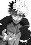  1boy boku_no_hero_academia crosshatching dabi_(boku_no_hero_academia) ear_piercing goodbye_glory greyscale hatching_(texture) highres jacket looking_at_viewer male_focus monochrome multiple_scars open_clothes open_jacket patchwork_skin piercing scar scar_on_face short_hair simple_background smile solo spiky_hair stapled tears upper_body white_background 