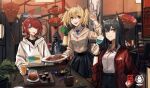  3girls :p absurdres ambiguous_gender animal_ears arknights black_skirt blonde_hair blue_necktie collared_shirt cup doctor_(arknights) drinking_glass ear_piercing exusiai_(arknights) food hair_between_eyes halo hand_up highres holding holding_cup holding_plate hood hood_down hooded_sweater indoors jacket lantern looking_at_viewer multiple_girls neck_ribbon necktie no_wings open_clothes open_jacket open_mouth orange_juice paper_lantern penguin_logistics_(arknights) penguin_logistics_logo piercing plate pleated_skirt red_jacket red_ribbon ribbon shirt short_hair shuimo skirt smile sora_(arknights) sweater texas_(arknights) tongue tongue_out twintails v watch watch white_shirt white_sweater wine_glass wolf_ears 