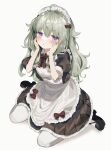  1girl alternate_costume apron black_dress black_footwear blush bow commentary dress dress_bow enmaided frilled_apron frilled_dress frills fuinagi_(huyuu_mm) green_hair hair_bow hands_on_own_face highres kusanagi_nene long_hair looking_at_viewer maid maid_headdress mary_janes pantyhose project_sekai puffy_short_sleeves puffy_sleeves red_bow shoes short_sleeves sitting solo v-shaped_eyebrows very_long_hair violet_eyes wariza white_apron white_legwear 