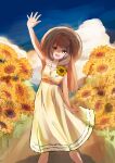  1girl :d alternate_costume belt brown_hair clouds cloudy_sky dirt_road dress elun_(elun_00) field flower flower_field grass hair_down hat highres hololive hololive_english jewelry long_hair nanashi_mumei necklace road sketch sky smile solo straw_hat sundress sunflower very_long_hair virtual_youtuber waving yellow_eyes 