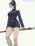  1girl asymmetrical_bangs bangs black_hair breasts brown_eyes glasses high_ponytail highres holding holding_weapon jujutsu_kaisen jujutsu_tech_uniform large_breasts long_hair looking_at_viewer panties skirt solo standing underwear weapon white_panties zefrableu zen&#039;in_maki 