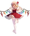  1girl :d absurdres ascot blonde_hair bow crexby crystal fang flandre_scarlet full_body hair_between_eyes hat hat_ribbon highres long_hair looking_at_viewer mob_cap nail_polish no_shoes open_mouth petticoat puffy_short_sleeves puffy_sleeves red_eyes red_ribbon red_skirt red_vest ribbon shirt short_sleeves simple_background skirt skirt_set smile solo standing standing_on_one_leg teeth thigh-highs touhou upper_teeth vest white_background white_legwear white_shirt wings 