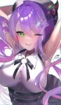  armpits breasts green_eyes highres hololive long_hair one_eye_closed open_mouth purple_hair signature tokoyami_towa 