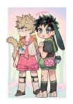  2boys absurdres alternate_costume animal_bag animal_ears backpack bag bakugou_katsuki bandaid bandaid_on_face bandaid_on_leg bandaid_on_nose black_legwear blonde_hair boku_no_hero_academia border brown_footwear bunny_bag cat_boy cat_ears cat_tail child clenched_hands closed_mouth commentary_request freckles frown green_eyes green_hair green_sailor_collar green_shirt green_shorts highres kemonomimi_mode korean_commentary looking_at_viewer looking_back male_focus midoriya_izuku misa_(jjin_miryeon) multiple_boys open_mouth pink_bag pink_sailor_collar pink_shorts rabbit_boy rabbit_ears rabbit_tail red_eyes sailor_collar shirt shoes short_hair short_sleeves shorts signature socks spiky_hair standing tail tree twitter_username white_border white_footwear white_legwear white_shirt yellow_bag younger 