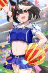 1girl :d absurdres arm_up asahina_yoi bangs belt black_belt black_hair blue_shirt blue_skirt blue_sky clouds commentary_request confetti cowboy_shot crop_top day eyebrows_visible_through_hair head_tilt highres holding holding_pom_poms kitasan_black_(umamusume) midriff miniskirt multicolored_hair navel open_mouth orange_eyes outdoors pleated_skirt pom_pom_(cheerleading) puffy_short_sleeves puffy_sleeves shirt short_hair short_sleeves skirt sky smile solo standing stomach umamusume white_hair 