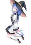  1girl :d absurdres arms_behind_back bangs black_headwear blue_eyes blue_hair boots braid dress eyebrows_visible_through_hair full_body hair_between_eyes hat head_tilt highres holding holding_clothes holding_panties holding_underwear knee_boots kneeling long_hair looking_at_viewer low_twintails mushoku_tensei open_mouth panties ribbon_panties roxy_migurdia saltcan69210 short_dress simple_background smile solo twin_braids twintails underwear very_long_hair white_background white_dress white_footwear white_panties witch_hat 