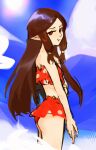  1girl :t absurdres bikini blue_sky brown_hair copyright_request from_side highres long_hair looking_at_viewer looking_to_the_side outdoors pointy_ears polka_dot polka_dot_bikini pout red_bikini red_eyes sidelocks sky solo standing swimsuit vergil_mon very_long_hair 