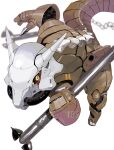  absurdres highres holding holding_staff horns marowak mecha mechanical_tail mechanization no_humans open_hand pokemon science_fiction solo staff tail white_background yellow_eyes yunimaru 