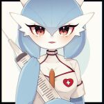  1girl alternate_color bangs blue_hair blue_skin blurry blush bob_cut breasts cleavage_cutout clothed_pokemon clothing_cutout colored_skin commentary_request depth_of_field dress gardevoir hair_between_eyes hands_up happy hat heart highres holding holding_syringe letterboxed looking_at_viewer medium_breasts multicolored_skin nurse nurse_cap open_mouth outside_border oversized_object partial_commentary pokemon pokemon_(creature) red_eyes shiny_pokemon short_hair short_sleeves shuri_(pixiv_12750616) simple_background smile solo straight-on syringe two-tone_background two-tone_skin upper_body white_background white_dress white_headwear white_skin 