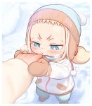  1girl :&lt; beanie blonde_hair blowing blue_eyes blurry breath bright_pupils child commentary_request depth_of_field english_commentary engrish_commentary hand_grab hat kozato_(yu_kozato) little_blonde_girl_(kozato) mittens mixed-language_commentary original pom_pom_(clothes) short_bangs snow twintails white_pupils winter 