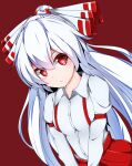  1girl bow closed_mouth collared_shirt expressionless eyebrows_visible_through_hair fujiwara_no_mokou hair_bow kredorf long_hair long_sleeves red_background red_eyes shirt simple_background solo suspenders touhou white_hair white_shirt 