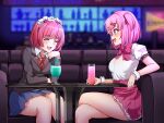  2girls absurdres bar blue_skirt blush bow bowtie closed_eyes collared_shirt commentary commission cosplay costume_switch crossed_legs crossover doki_doki_literature_club dorothy_haze dorothy_haze_(cosplay) drink english_commentary glass head_rest highres indiana_georg long_sleeves looking_at_another multiple_girls natsuki_(doki_doki_literature_club) natsuki_(doki_doki_literature_club)_(cosplay) open_mouth pink_bow pink_bowtie pink_eyes pink_hair pink_skirt puffy_short_sleeves puffy_sleeves school_uniform shirt short_hair short_sleeves sitting skirt smile table twintails va-11_hall-a white_shirt 