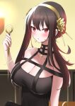 1girl bare_shoulders black_dress blush breasts choker dagger dress earrings fuyu_(fnma5242) hairband highres holding holding_weapon jewelry knife large_breasts looking_at_viewer open_mouth red_eyes rose_hair_ornament sidelocks spy_x_family upper_body weapon yor_briar 