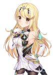  1girl absurdres bangs bare_shoulders black_legwear blonde_hair breasts chest_jewel dress earrings elbow_gloves gloves hand_on_hip hand_on_own_chest headpiece highres jewelry kaede_(maple4rt) large_breasts long_hair looking_at_viewer mythra_(massive_melee)_(xenoblade) mythra_(xenoblade) pantyhose short_dress solo super_smash_bros. swept_bangs tiara white_dress white_gloves xenoblade_chronicles_(series) xenoblade_chronicles_2 yellow_eyes 