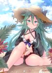  1girl absurdres baileys_(tranquillity650) beach bikini bikini_skirt black_bikini black_ribbon blue_ribbon blue_sky blush breasts clouds cloudy_sky day flower frown green_eyes green_hair hair_between_eyes hair_flaps hair_ornament hair_ribbon hairclip hat hat_flower highres jacket kantai_collection long_hair long_sleeves medium_breasts ocean official_alternate_costume outdoors ponytail ribbon sand signature sitting sky solo straw_hat sun_hat swimsuit twitter_username water yamakaze_(kancolle) 