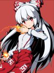  1girl bow buttons fire fujiwara_no_mokou hair_bow kredorf long_hair looking_to_the_side ofuda ofuda_on_clothes pants red_background red_eyes red_pants simple_background solo suspenders touhou white_hair 