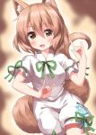  1girl :d animal_ear_fluff animal_ears bangs blurry blurry_background blush brown_eyes brown_hair depth_of_field eyebrows_visible_through_hair fox_ears fox_shadow_puppet fox_tail green_ribbon hair_between_eyes highres kudamaki_tsukasa looking_at_viewer neck_ribbon open_mouth puffy_short_sleeves puffy_sleeves ribbon ruu_(tksymkw) short_sleeves smile solo tail touhou white_romper 