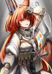  1girl :d absurdres animal_ears arknights armor breastplate brown_bag ear_covers ear_tag eyebrows_visible_through_hair flametail_(arknights) gauntlets gloves grey_background grey_gloves hand_up highres hot kurosabi_neko long_hair open_mouth pouch redhead sheath sheathed simple_background smile solo squirrel_ears squirrel_girl squirrel_tail sweat tail upper_body yellow_eyes 