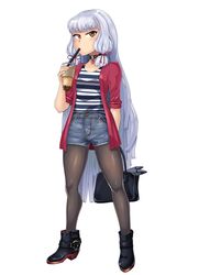  1girl absurdres alternate_costume black_choker black_footwear black_legwear blue_shorts bol_factory boots bubble_tea character_name choker cup denim denim_shorts disposable_cup drinking_straw eyebrows_visible_through_hair full_body grey_hair heart_lock_(kantai_collection) highres holding holding_cup kantai_collection long_hair murakumo_(kancolle) orange_eyes pantyhose shirt short_shorts shorts solo standing striped striped_shirt very_long_hair 