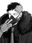  1boy boku_no_hero_academia collared_shirt earrings feather_trim gloves goodbye_glory greyscale hand_on_mask highres jacket jewelry male_focus mask monochrome necktie overhaul_(boku_no_hero_academia) plague_doctor_mask shirt short_hair simple_background solo upper_body white_background 