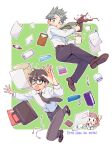  1girl 2boys :o bag bangs belt black_hair black_necktie black_pants book bottle brown_belt brown_footwear brown_hair cellphone coffee coffee_mug commentary_request copyright_name cup earphones envelope etra-chan_wa_mita! etra_(etra-chan_wa_mita!) eyebrows_visible_through_hair flying_paper full_body glasses green_hair highres holding holding_cup kuroki_(etra-chan_wa_mita!) long_sleeves looking_at_viewer looking_up mug multiple_boys necktie notebook nyako_(lhq3p) open_mouth pants paper pen phone power_bank shirt shoes smartphone spiky_hair stapler sweatdrop tokusa_(etra-chan_wa_mita!) undercut wallet watch watch white_shirt 