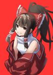 1girl :&gt; absurdres adapted_costume black_hair bow cropped_torso hair_bow hair_tubes hakurei_reimu highres jacket long_hair off_shoulder ponytail red_background red_eyes sarashi sidelocks simple_background solo takagakimiyu touhou upper_body 