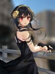  1girl absurdres bangs bare_arms bare_shoulders black_dress black_gloves black_hair blurry blurry_background commentary dress fingerless_gloves gloves hairband highres long_hair looking_at_viewer railing red_eyes red_lips rulacloi smile solo spy_x_family upper_body yellow_hairband yor_briar 